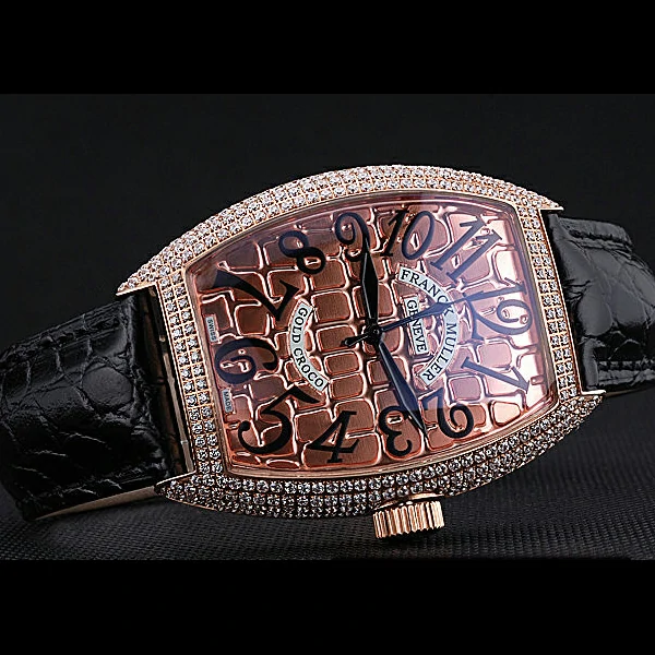 Franck Muller Gold Croco Diamonds Case Black Leather Strap new60247