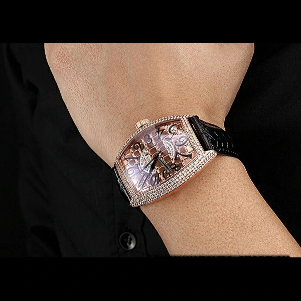Franck Muller Gold Croco Diamonds Case Black Leather Strap new60247