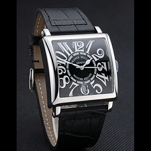 Franck Muller Master Square Black Dial Silver Case Black Leather Band new60248