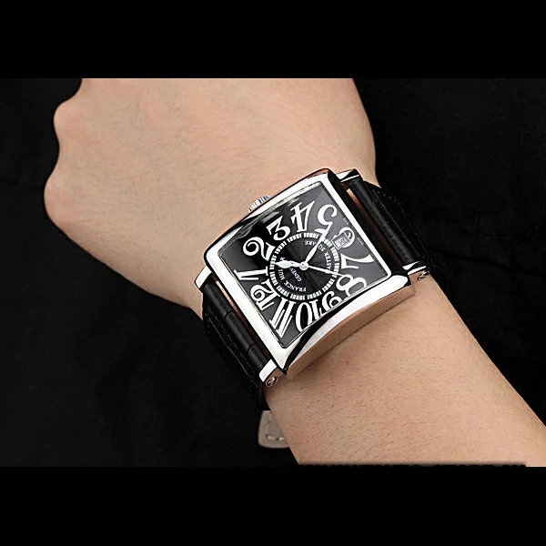 Franck Muller Master Square Black Dial Silver Case Black Leather Band new60248