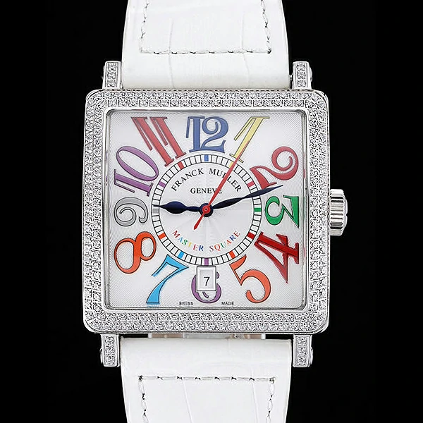 Franck Muller Master Square Color Dreams Diamonds Case White Leather Band new60251