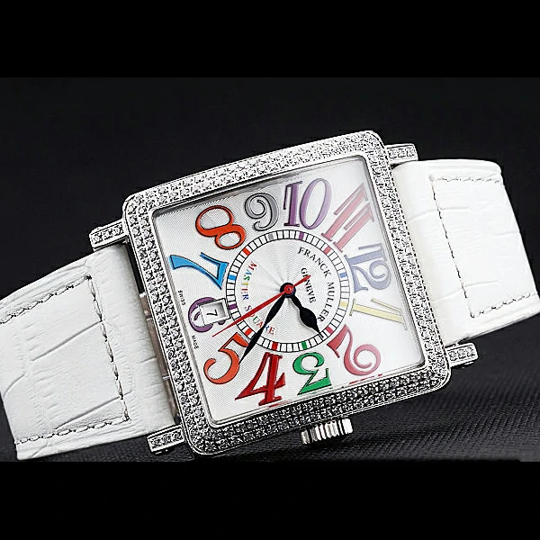 Franck Muller Master Square Color Dreams Diamonds Case White Leather Band new60251