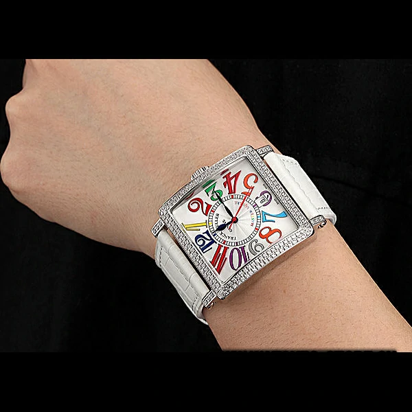 Franck Muller Master Square Color Dreams Diamonds Case White Leather Band new60251
