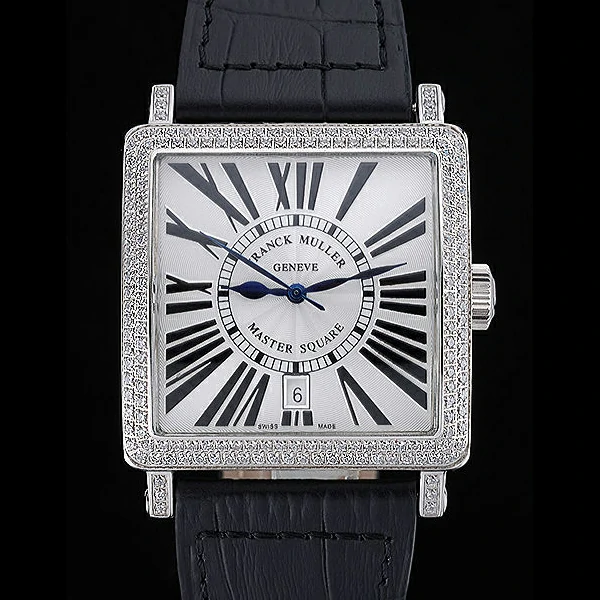Franck Muller Master Square White Dial Diamonds Case Black Leather Band new60252