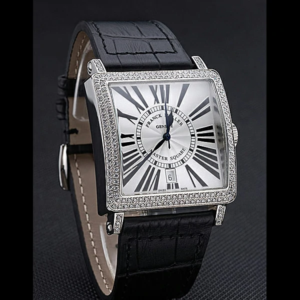 Franck Muller Master Square White Dial Diamonds Case Black Leather Band new60252
