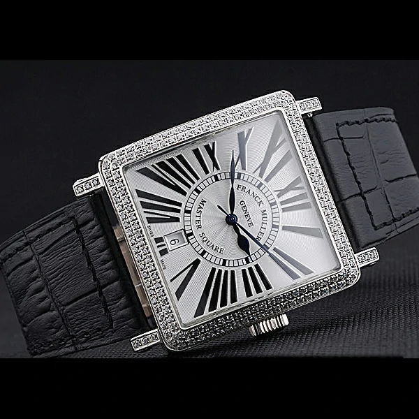 Franck Muller Master Square White Dial Diamonds Case Black Leather Band new60252
