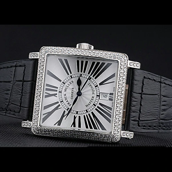 Franck Muller Master Square White Dial Diamonds Case Black Leather Band new60252