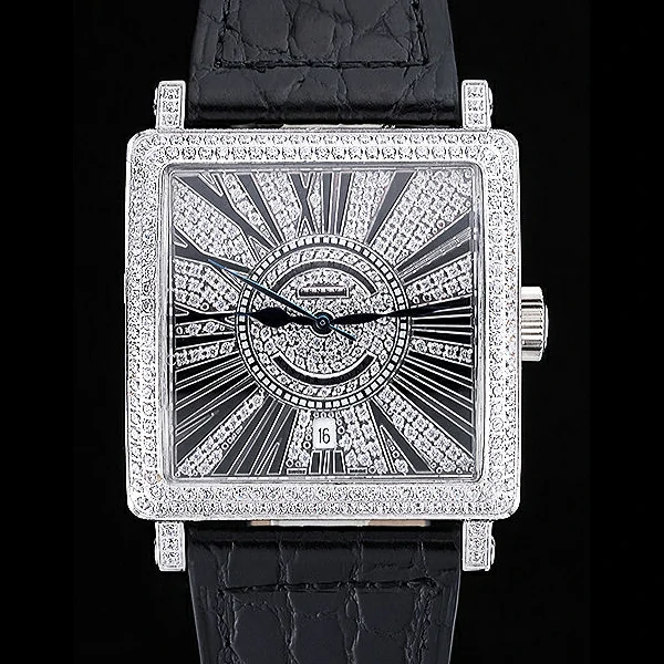 Franck Muller Master Square Diamonds Dial Diamonds Case Black Leather Band new60253