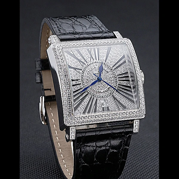 Franck Muller Master Square Diamonds Dial Diamonds Case Black Leather Band new60253
