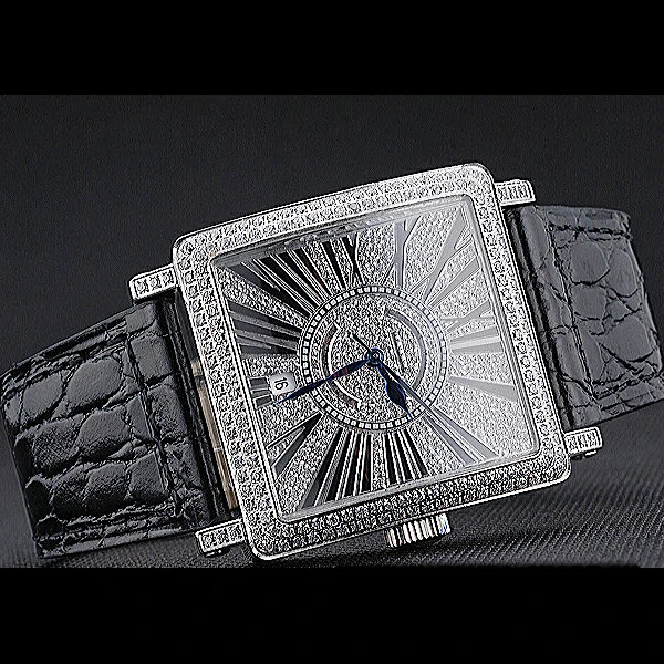 Franck Muller Master Square Diamonds Dial Diamonds Case Black Leather Band new60253