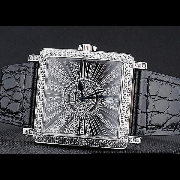 Franck Muller Master Square Diamonds Dial Diamonds Case Black Leather Band new60253