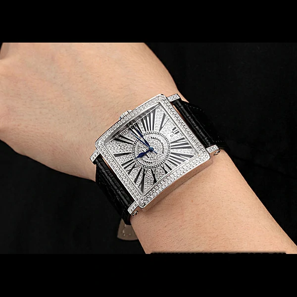 Franck Muller Master Square Diamonds Dial Diamonds Case Black Leather Band new60253