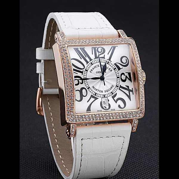 Franck Muller Master Square White Dial Diamonds Case White Leather Band new60256