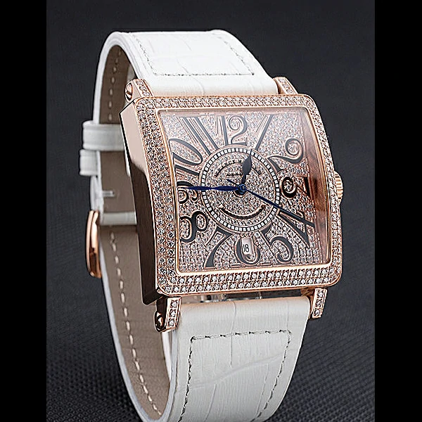 Franck Muller Master Square Diamonds Dial Diamonds Case White Leather Band new60257