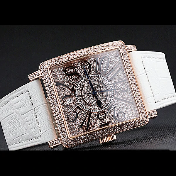 Franck Muller Master Square Diamonds Dial Diamonds Case White Leather Band new60257