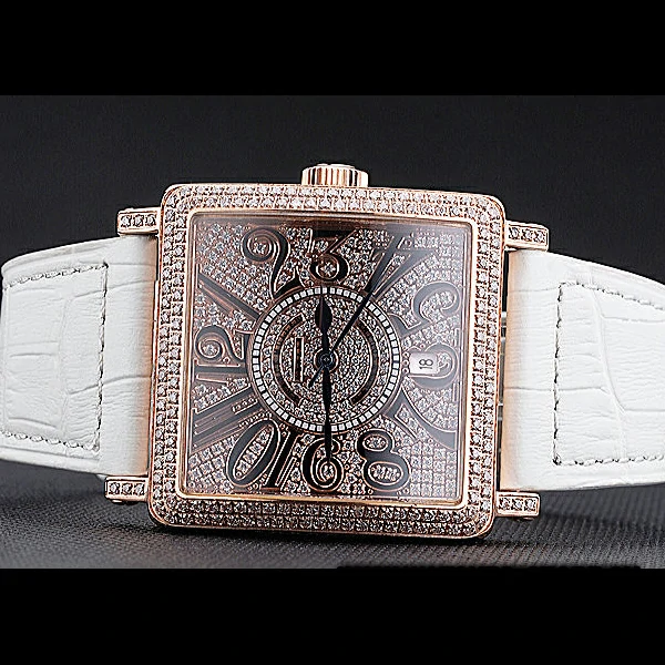 Franck Muller Master Square Diamonds Dial Diamonds Case White Leather Band new60257