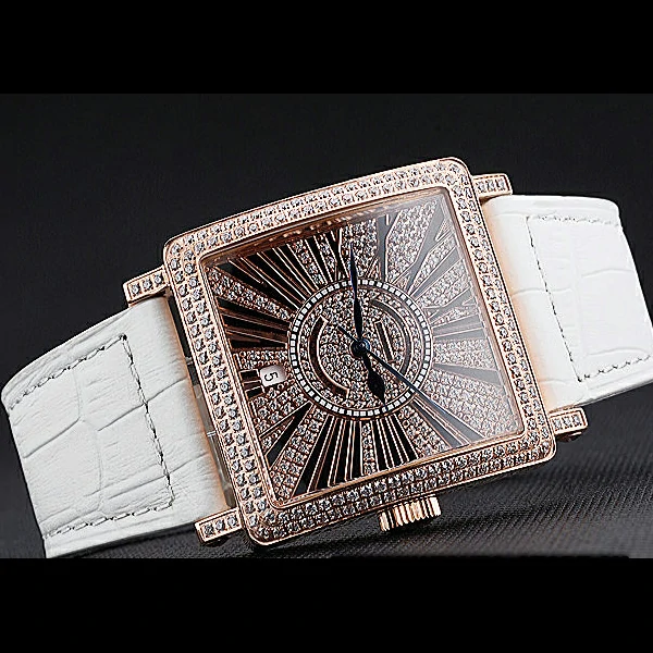 Franck Muller Master Square Diamonds Dial Diamonds Case Roman Numerals White Leather Band new60258