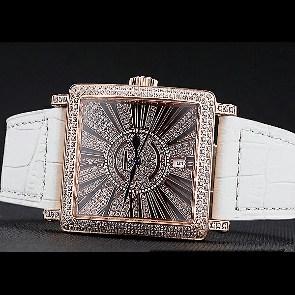 Franck Muller Master Square Diamonds Dial Diamonds Case Roman Numerals White Leather Band new60258
