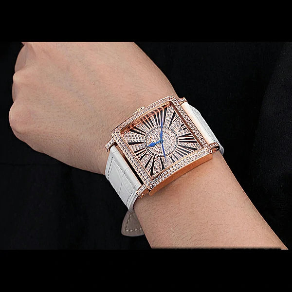 Franck Muller Master Square Diamonds Dial Diamonds Case Roman Numerals White Leather Band new60258