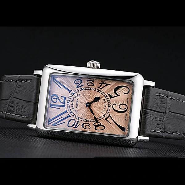 Franck Muller Long Island Classic Gold Dial Silver Case Black Leather Band new60261
