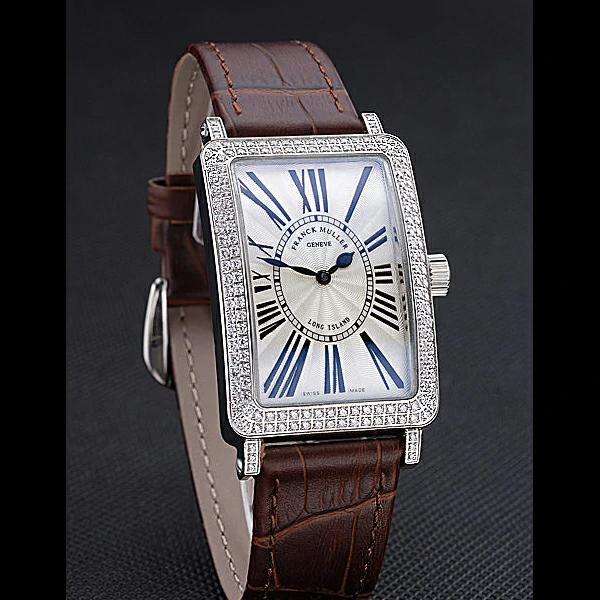 Franck Muller Long Island Classic White Dial Diamonds Case Brown Leather Band new60264