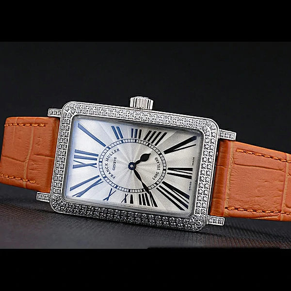 Franck Muller Long Island Classic White Dial Diamonds Case Orange Leather Band new60267