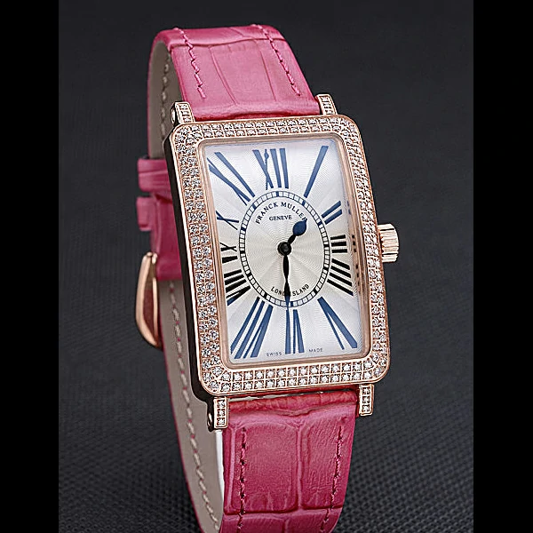 Franck Muller Long Island Classic White Dial Diamonds Case Pink Leather Band new60268