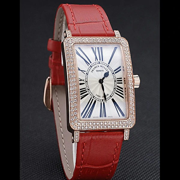 Franck Muller Long Island Classic White Dial Diamonds Case Red Leather Band new60270
