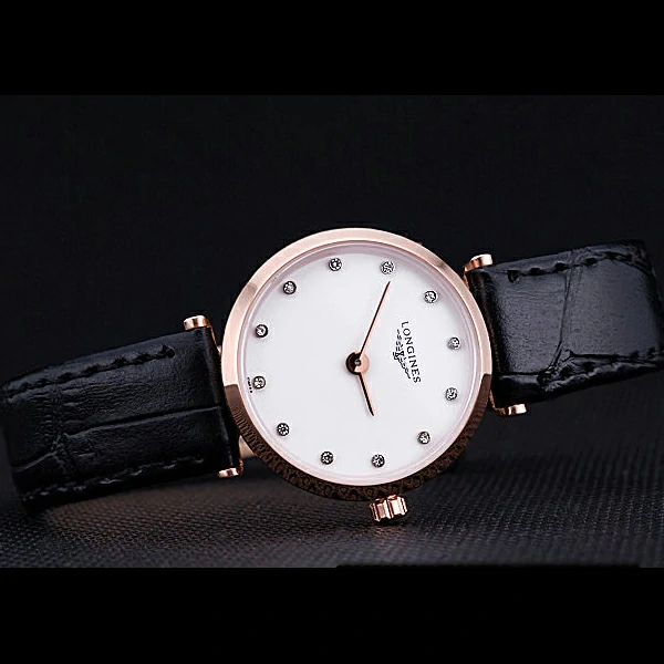 Longines La Grande Classique Black Leather Band White Round Dial Gold Case Diamond Numerals new60279
