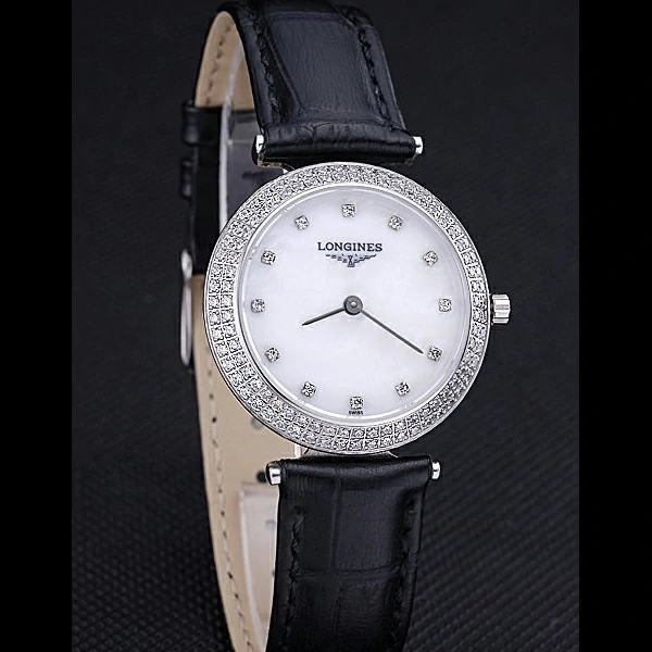 Longines La Grande Classique White Round Dial Diamond Case Diamond Numerals Black Leather Band new60280