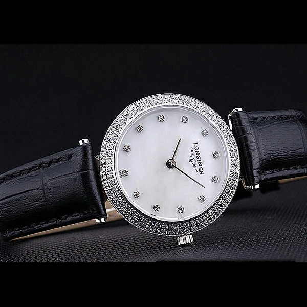 Longines La Grande Classique White Round Dial Diamond Case Diamond Numerals Black Leather Band new60280