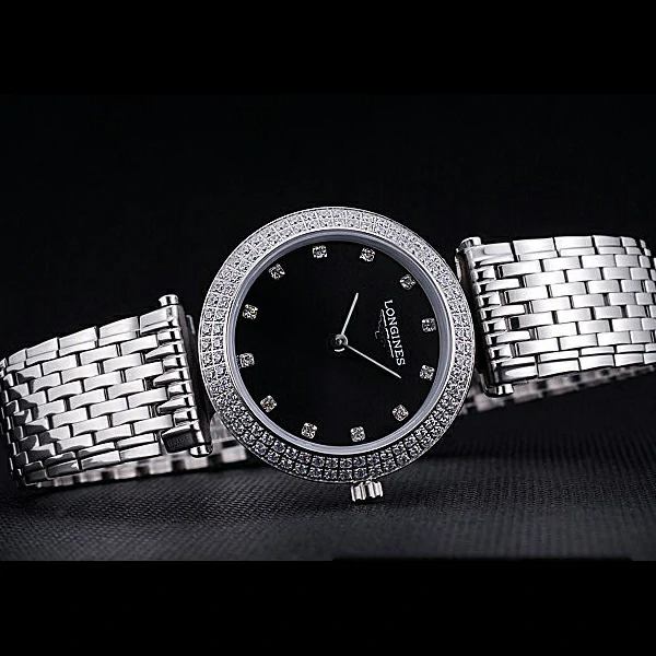 Longines La Grande Classique Black Round Dial Diamond Case Diamond Numerals Stainless Steel new60282