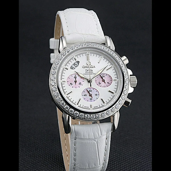 Omega De Ville Chronograph White Dial Stainless Steel Diamond Case White Leather Bracelet new60346