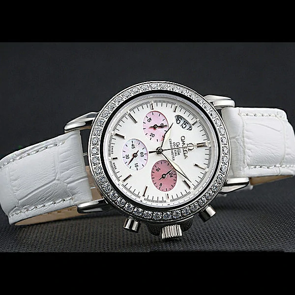 Omega De Ville Chronograph White Dial Stainless Steel Diamond Case White Leather Bracelet new60346