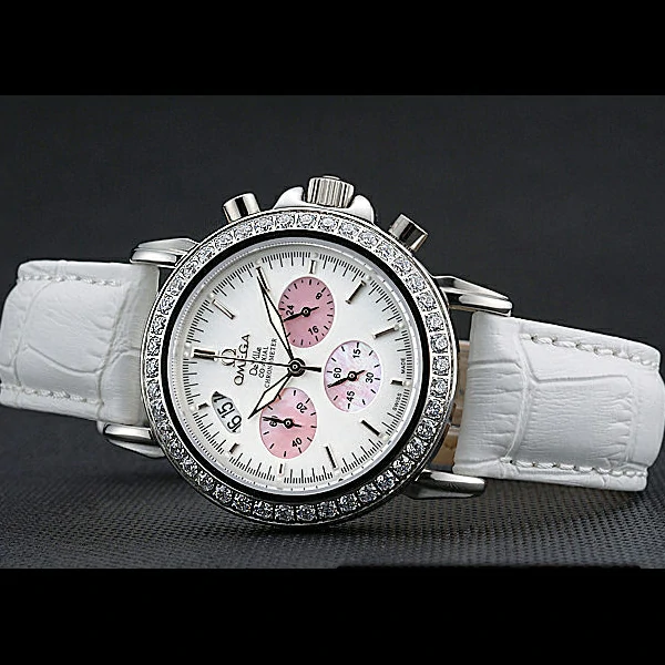 Omega De Ville Chronograph White Dial Stainless Steel Diamond Case White Leather Bracelet new60346