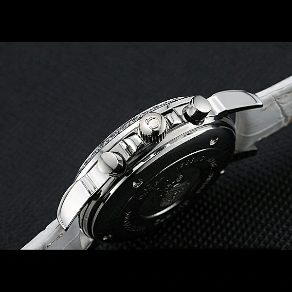 Omega De Ville Chronograph White Dial Stainless Steel Diamond Case White Leather Bracelet new60346