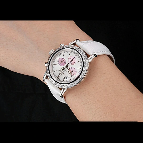 Omega De Ville Chronograph White Dial Stainless Steel Diamond Case White Leather Bracelet new60346