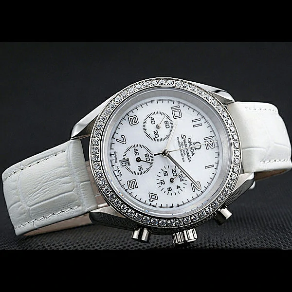 Omega Speedmaster Chronograph White Dial Diamond Case White Leather Bracelet new60347