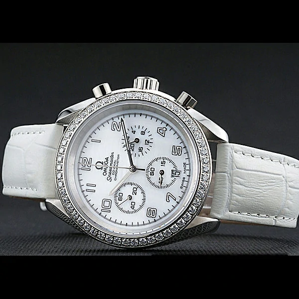 Omega Speedmaster Chronograph White Dial Diamond Case White Leather Bracelet new60347