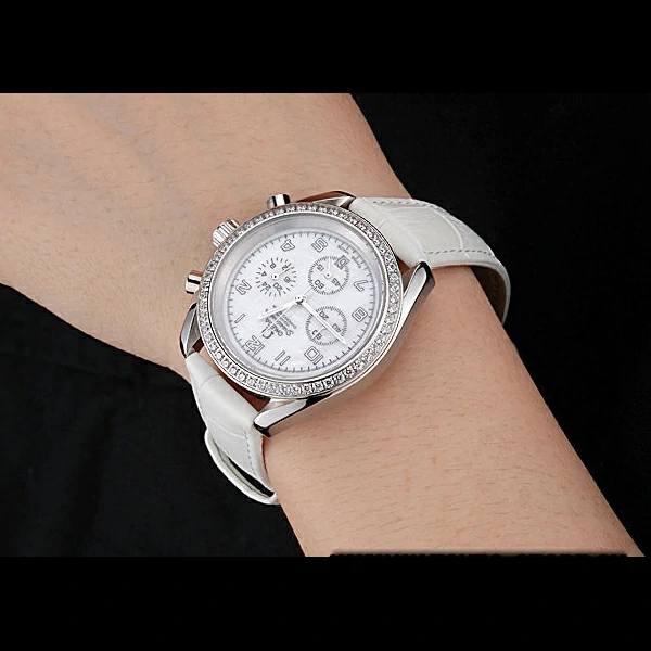 Omega Speedmaster Chronograph White Dial Diamond Case White Leather Bracelet new60347