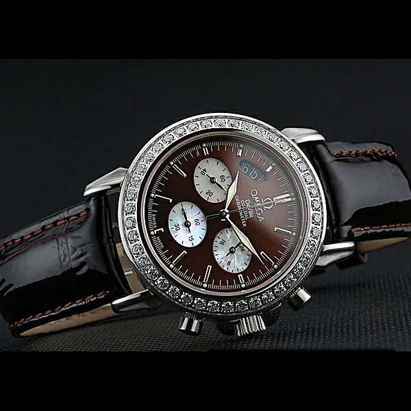 Omega De Ville Chronograph Brown Dial Stainless Steel Diamond Case Brown Leather Bracelet new60349