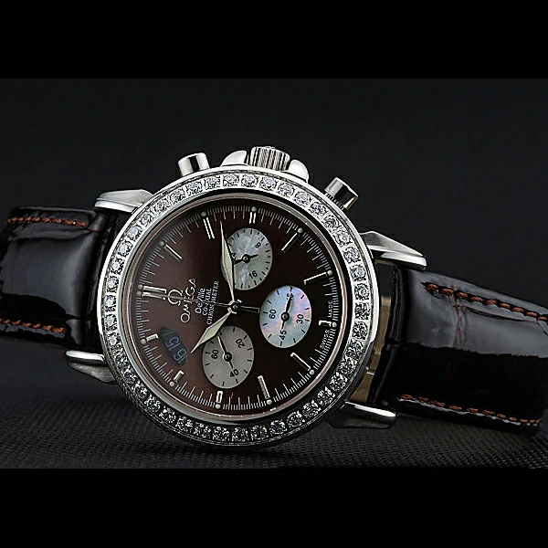 Omega De Ville Chronograph Brown Dial Stainless Steel Diamond Case Brown Leather Bracelet new60349