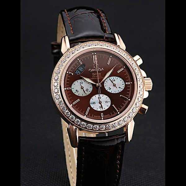 Omega De Ville Chronograph Brown Dial Gold Diamond Case Brown Leather Bracelet new60350