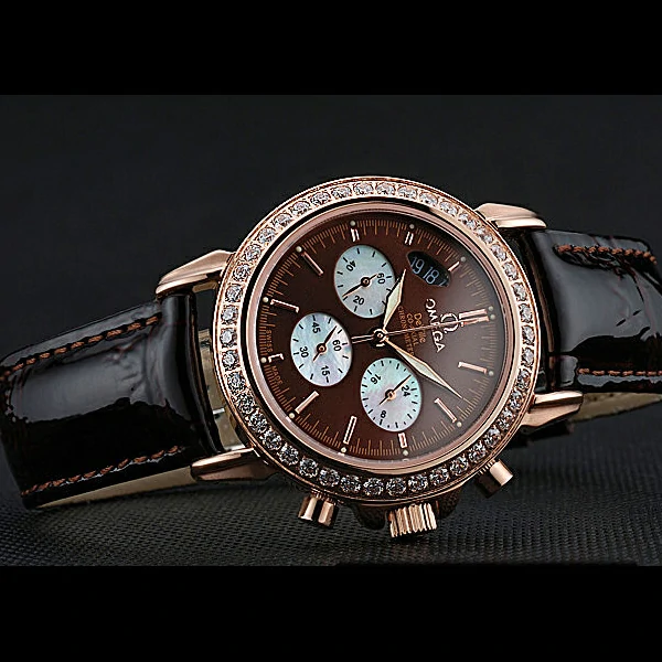 Omega De Ville Chronograph Brown Dial Gold Diamond Case Brown Leather Bracelet new60350