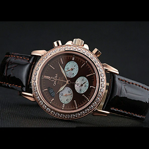 Omega De Ville Chronograph Brown Dial Gold Diamond Case Brown Leather Bracelet new60350