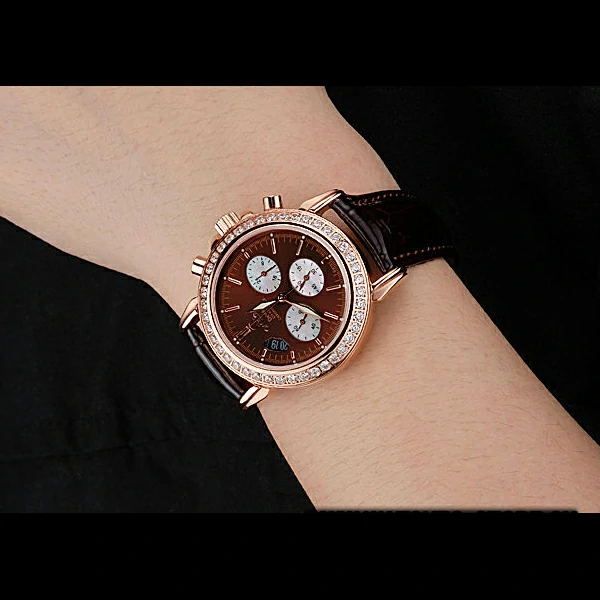 Omega De Ville Chronograph Brown Dial Gold Diamond Case Brown Leather Bracelet new60350