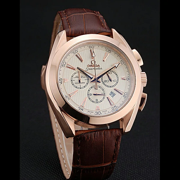Omega Seamaster Aqua Terra Chronograph Ivory Dial Gold Case Brown Leather Bracelet new60419