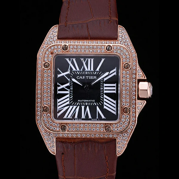 Cartier Santos Black Dial Diamonds Case Brown Leather Bracelet new60439