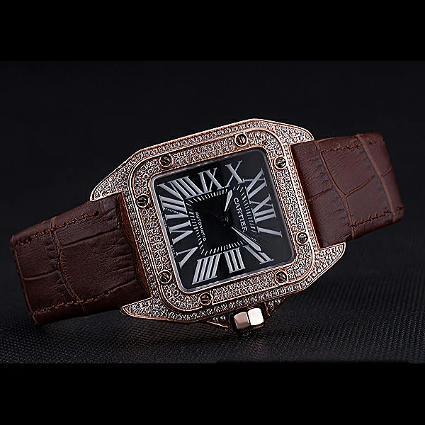Cartier Santos Black Dial Diamonds Case Brown Leather Bracelet new60439