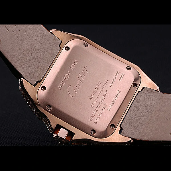 Cartier Santos Black Dial Diamonds Case Brown Leather Bracelet new60439
